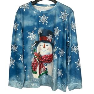 Snowman Christmas Holiday Long Sleeve Shirt Blue‎ Snowflake Print 2XL Winter Top